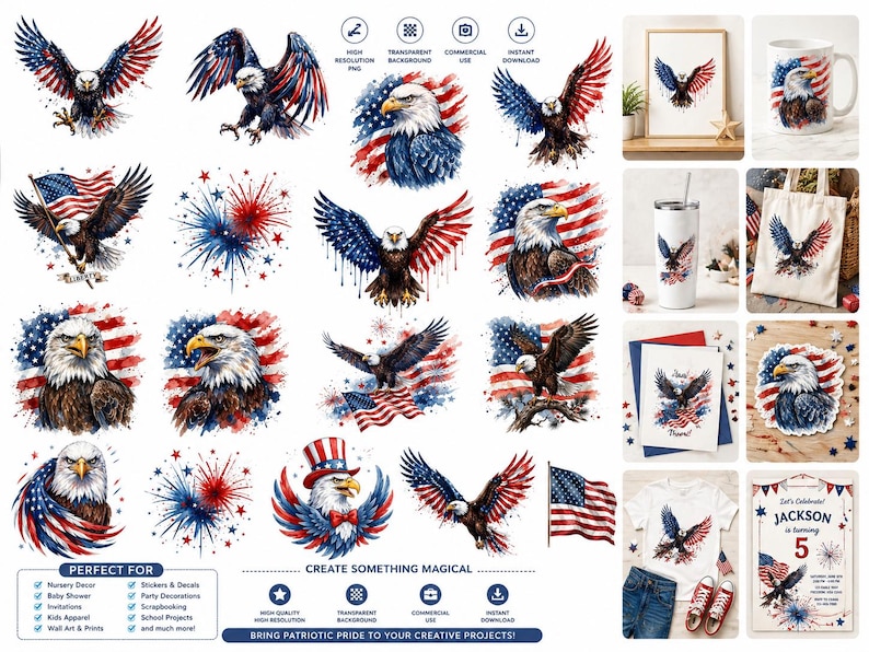 Patriotic eagle clipart with red white blue colors, detailed feather design, high quality PNG for USA 250th anniversary projects