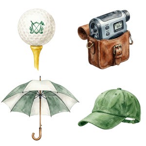 Cute watercolor golf clipart pack with golf cart, golf clubs, golf ball, and tournament party decorations for digital download use.