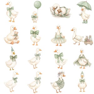 Adorable silly goose clipart with delicate watercolor texture, pastel color palette, and playful design suitable for invitations and party decorations.