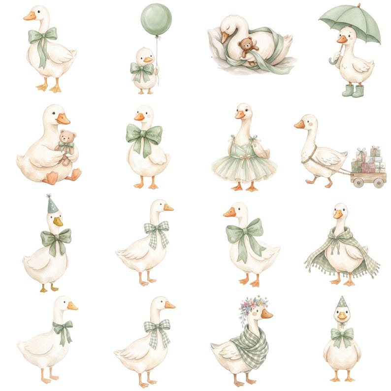 Adorable silly goose clipart with delicate watercolor texture, pastel color palette, and playful design suitable for invitations and party decorations.