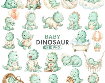 Baby Dinosaur Clipart, Cute Dino Nursery Art, Dinosaur Baby Shower, Watercolor T Rex PNG Set, Boho Kids Rooms Decor, Commercial Use Designs