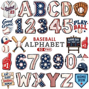 Può includere: Una collezione digitale di grafiche a tema baseball con un alfabeto e numeri decorati con cuciture da baseball e motivi della bandiera americana, insieme a illustrazioni di maglie, mazze, guantoni, tabelloni segnapunti e dita in gommapiuma.