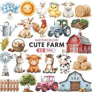 Imágenes prediseñadas de granja adorables, imágenes prediseñadas en acuarela, imágenes PNG de animales de granja, vaca de las Tierras Altas, tractor, vivero, crías de animales de granja, uso comercial, descarga digital