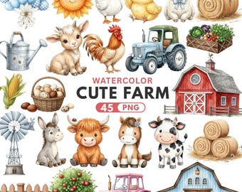 Cute Farm Clipart, Watercolor Clipart, Farm Animals PNG, Highland Cow, Tractor, Nursery, Baby Farm Animals, Commercial Use, Digital Download
