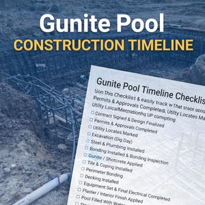 Puede incluir: Imagen de un cronograma de construcción para una piscina de gunita. El texto "Gunite Pool CONSTRUCTION TIMELINE" está en la parte superior. Una lista de verificación titulada "Gunite Pool Timeline Checklist" detalla las fases de construcción.