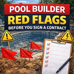 Puede incluir: Imagen que promueve la seguridad en la construcción de piscinas. El texto dice "POOL BUILDER RED FLAGS BEFORE YOU SIGN A CONTRACT". Banderas rojas están plantadas en primer plano. Una lista de verificación y un bolígrafo están en un portapapeles. También hay señales de advertencia.