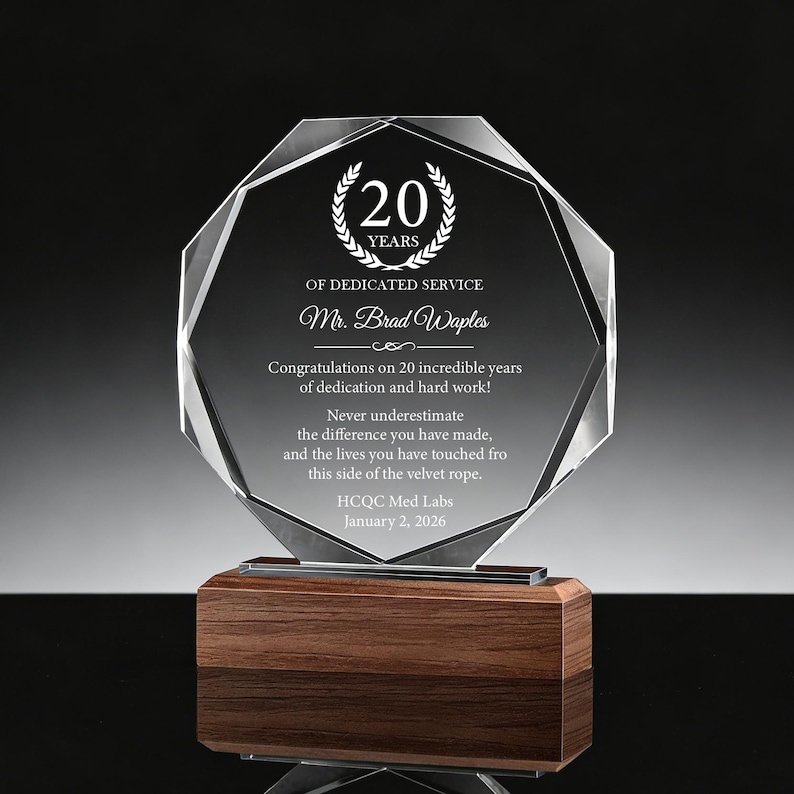 20 Years of Dedicated Service Award, Personalized Employee Crystal ...