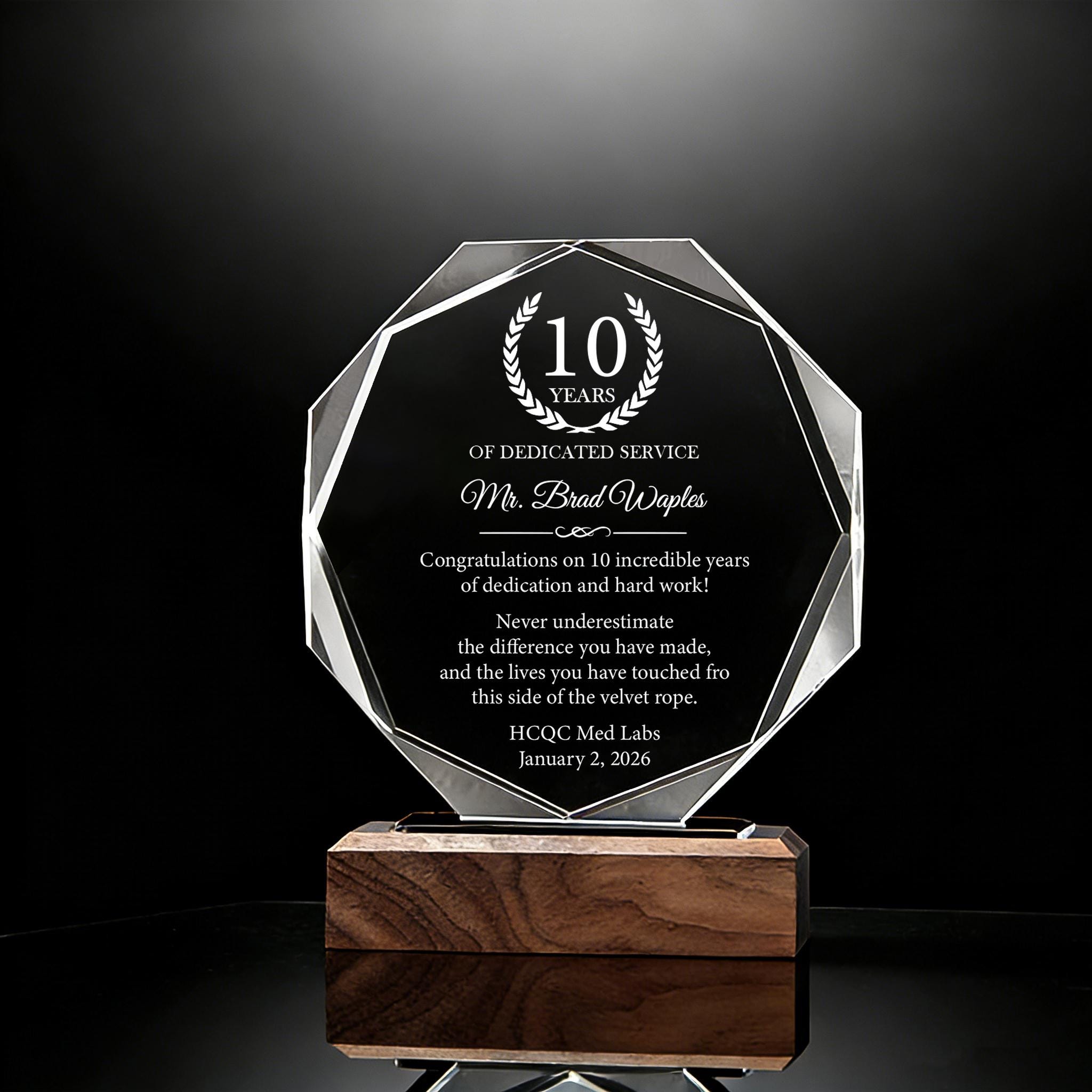 10 Years of Dedicated Service Award, Personalized Employee Crystal ...