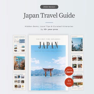 Puede incluir: Una guía de viaje titulada "Japan Travel Guide" con el texto "Hidden Gems, Local Tips & Curated Itineraries by 10+ year pros." La portada presenta una foto escénica de una puerta torii roja en un lago con montañas al fondo.