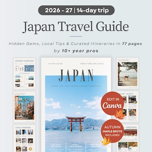 2026 - 2027 Japan Travel Guide Book | 14-Day Itinerary | Tokyo Osaka Kyoto | Interactive Maps | Editable Canva Template | PDF Trip Planner