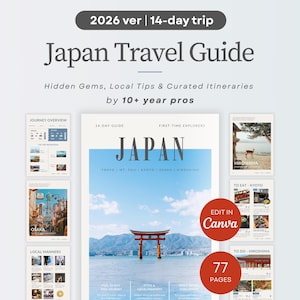 Könnte beinhalten: Ein Reiseführer mit dem Titel "Japan Travel Guide" und dem Text "2026 ver | 14-day trip". Das Cover zeigt ein rotes Torii-Tor am Wasser mit Bergen im Hintergrund. Zusätzliche Seiten werden angezeigt.
