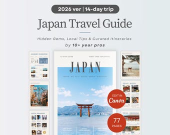 Guía de viaje a Japón 2026 / Itinerario de 14 días / Tokio, Osaka, Kioto, Fuji, Hiroshima / Mapas interactivos / Plantilla editable de Canva / Plan de viaje en PDF