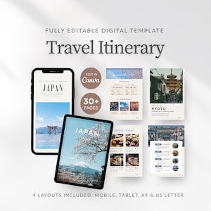 Pode incluir: Um modelo digital de itinerário de viagem para o Japão, exibido em um smartphone e tablet, com páginas de exemplo. O modelo inclui mais de 30 páginas e é totalmente editável no Canva. Os layouts incluem mobile, tablet, A4 e US Letter.