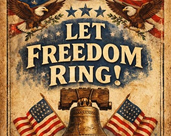 Arte de pared patriótico vintage imprimible / Póster "Let Freedom Ring" / Decoración americana / Arte del 4 de julio / Póster de la bandera de EE. UU. / Descarga instantánea