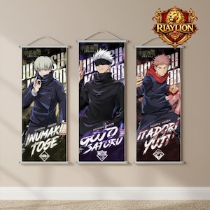 May include: Three vertical wall scrolls featuring anime characters. Each scroll has a different character with text in Japanese and English. The scrolls are black, purple, and red with white text. The scrolls are hanging on a beige wall.