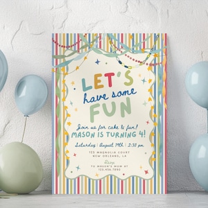 May include: A rectangular birthday invitation card featuring a vertical striped border in red, blue, and green. The center displays the text LET'S have some FUN, Join us for cake & fun! MASON IS TURNING 4!, Saturday August 19th 2:30 pm, 123 Magnolia Court New Orleans, LA, RSVP TO MASON'S MOM AT 123.456.7890.