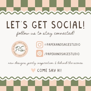 The image is a flyer or advertisement for a business called "Paperands Sage Studio". It features a green and white checkered border and contains text inviting people to follow the business to stay connected, showcasing their new designs, party inspiration, and behind-the-scenes content.