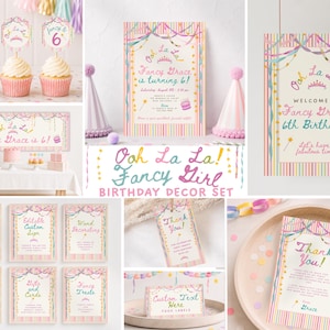 May include: A birthday party decoration set featuring pastel striped borders, colorful streamers, and gold accents. Items include cupcake toppers, a welcome sign, invitation, thank you cards, and various signage with text like Ooh La La Fancy Girl.