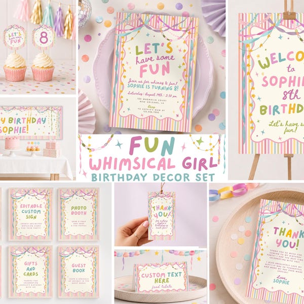Colorful Whimsical Fun Girl Birthday Party Bundle, Pastel Birthday Decorations, Girly Striped Party Decor, Any Age, Editable Canva, PS250