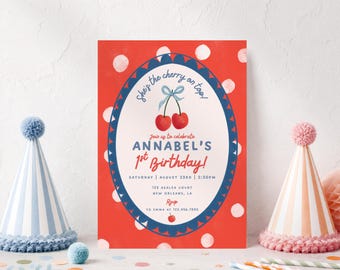 Invitación de cumpleaños con diseño de cerezas, invitación vintage retro para fiesta de cumpleaños con cerezas, invitación de cumpleaños para niña, plantilla editable de Canva.