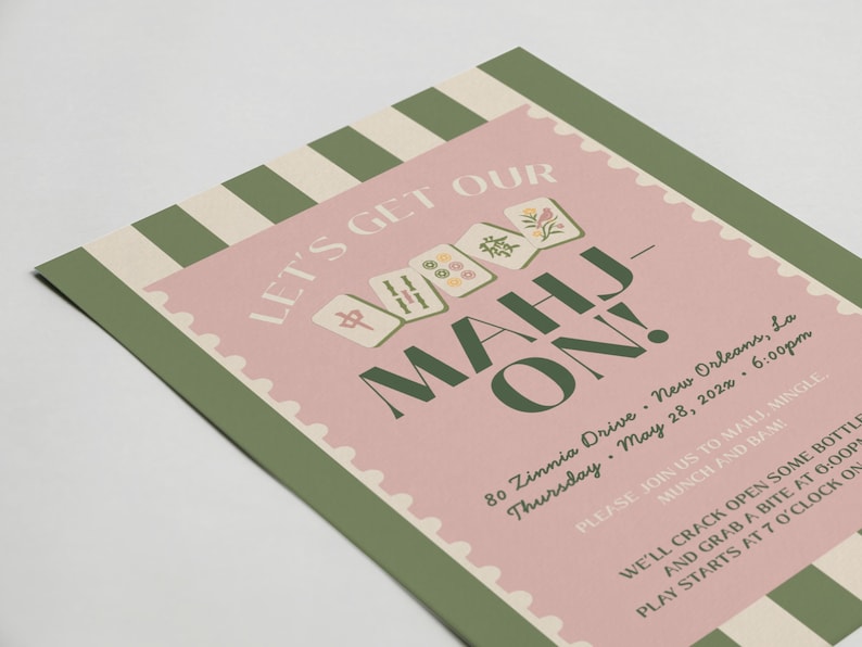Mahjong Party Invitation, Let's Get Our Mahj On Invite, Game Night Invite, Mahjong Birthday Invitation, Editable Canva Template image 2