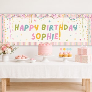 Étiquette cadeau d'anniversaire colorée et fantaisiste pour fille, décoration d'anniversaire pastel, étiquette cadeau à rayures girly, tous âges, modèle Canva modifiable, 250 PS image 10