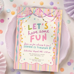 Colorful Whimsical Fun Girl Birthday Invitation, Pastel Birthday Invite, Girly Striped Party, Any Age, Editable Canva Template, PS250 image 1