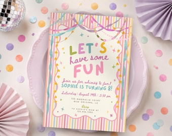 Colorful Whimsical Fun Girl Birthday Invitation, Pastel Birthday Invite, Girly Striped Party, Any Age, Editable Canva Template, PS250