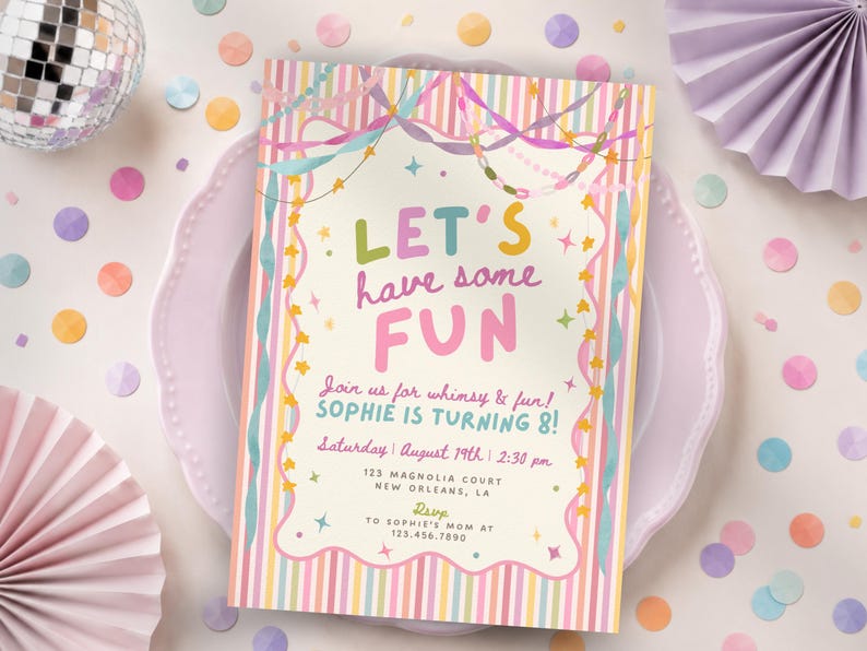 Colorful Whimsical Fun Girl Birthday Invitation, Pastel Birthday Invite, Girly Striped Party, Any Age, Editable Canva Template, PS250 image 1