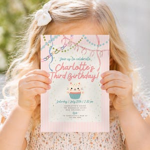 Pastel Cat Birthday Invitation Girl, Pink Whimsical Kitty Party Invite, Coquette Watercolor Cat Invitation, Editable Canva Template image 2