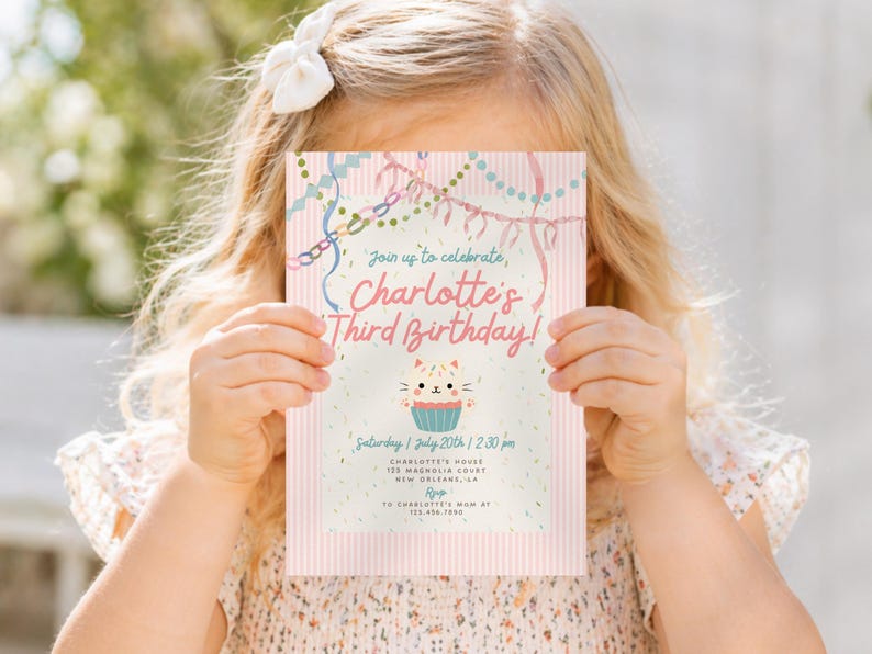 Pastel Cat Birthday Invitation Girl, Pink Whimsical Kitty Party Invite, Coquette Watercolor Cat Invitation, Editable Canva Template image 2