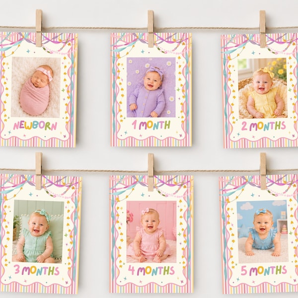 Colorful Whimsical Birthday Monthly Milestone Banner, Pastel Birthday Photo Banner, 1st Birthday Party Decor, Editable Canva Template, PS250