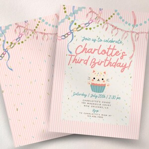 Pastel Cat Birthday Invitation Girl, Pink Whimsical Kitty Party Invite, Coquette Watercolor Cat Invitation, Editable Canva Template image 12