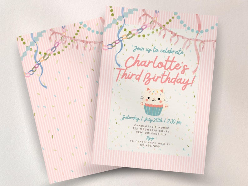 Pastel Cat Birthday Invitation Girl, Pink Whimsical Kitty Party Invite, Coquette Watercolor Cat Invitation, Editable Canva Template image 12