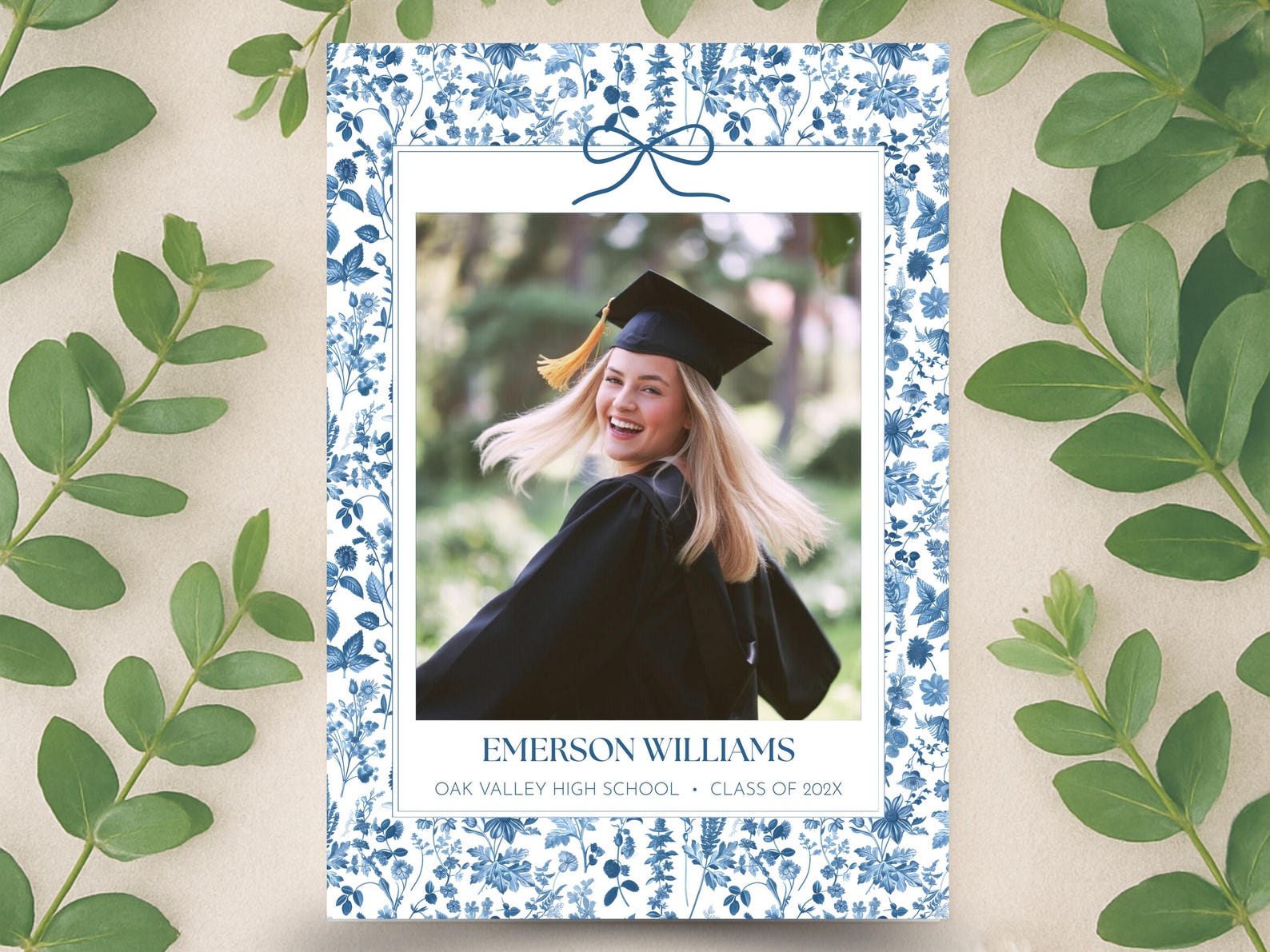 Gradution Card Back Floral Graduation Announcement Card – Blue Bow Photo Invitation, 4 ...