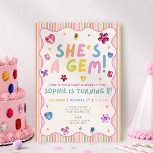 May include: A rectangular party invitation card with a scalloped white center and colorful striped border. The text reads: SHE'S A GEM! JOIN US FOR WHIMSY & SPARKLY FUN! SOPHIE IS TURNING 8! SATURDAY | OCTOBER 3RD | 2-4 PM. SOPHIE'S HOUSE 123 MAGNOLIA COURT NEW ORLEANS, LA. RSVP TO SOPHIE'S MOM AT 123.456.9890.