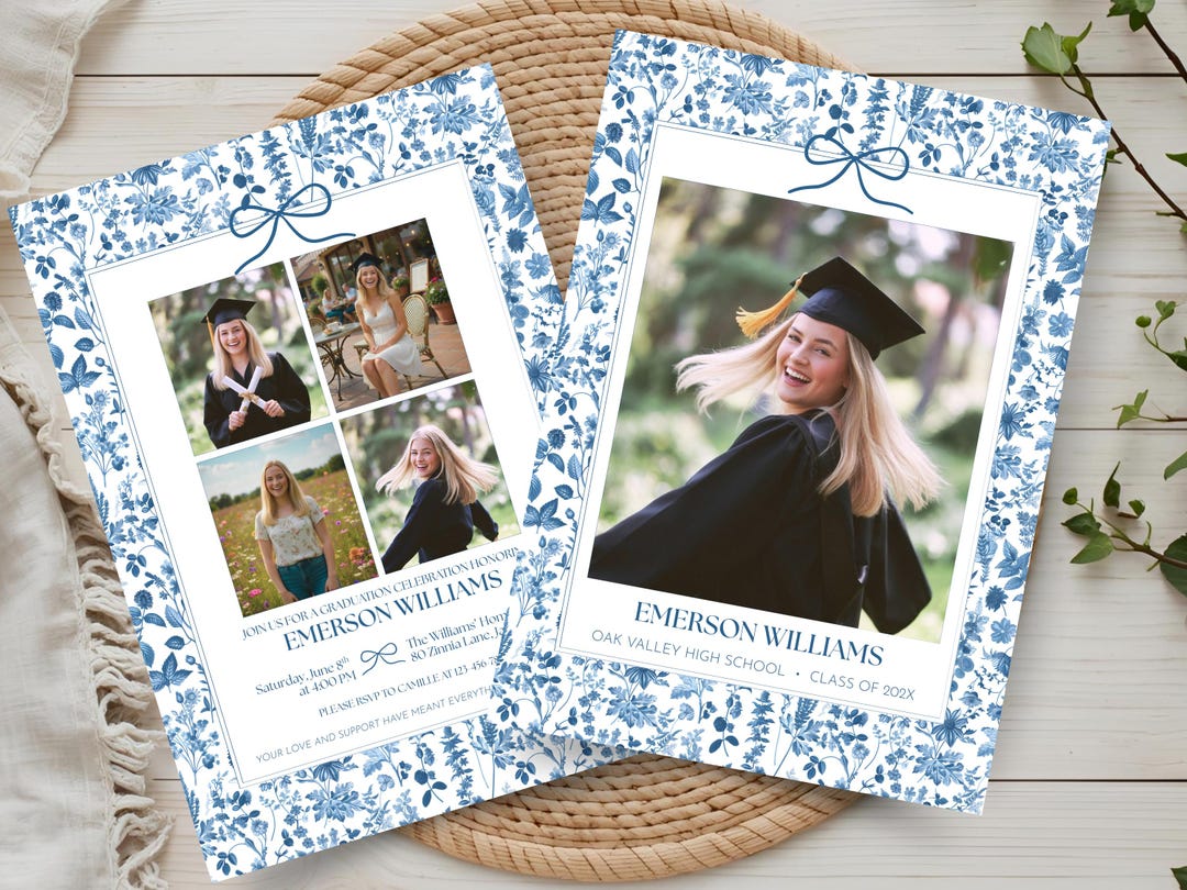 Gradution Card Back Floral Graduation Announcement Card – Blue Bow Photo Invitation, 4 ...