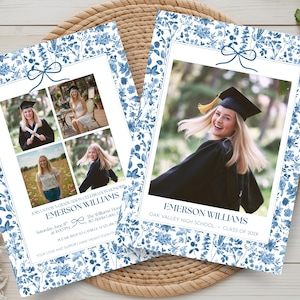 Floral Graduation Announcement Card – Blue Bow Photo Invitation, 4 Optional Backs (Digital Download)