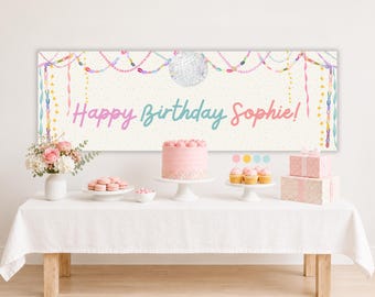 Bannière d'anniversaire disco lunatique, décoration de fête chaîne en papier disco pastel, toile de fond pour filles, modèle modifiable, PS130