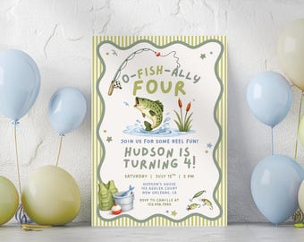 Fishing Birthday Invitation Template, O-Fish-Ally Birthday Invite, Any Age Boy Fishing Party Invitation, Editable Canva Template