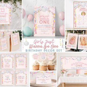 Op de afbeelding: Een verjaardagsfeest decoratieset met een roze gingham patroon, discobal afbeeldingen en pastelkleurige slingers. Bevat bordjes, cupcake toppers, bedankkaartjes, een mijlpaalposter en een banner met de tekst Girls Just Wanna Be One.