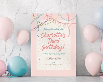 Pastel Party Birthday Invitation Girl, Pink Whimsical Bow Birthday Invite, Coquette Watercolor Party Invitation, Editable Canva Template