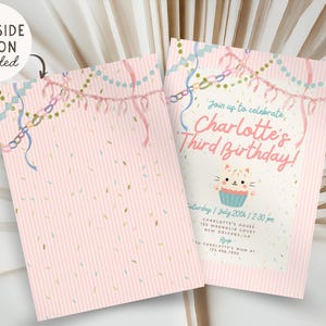 Pastel Cat Birthday Invitation Girl, Pink Whimsical Kitty Party Invite, Coquette Watercolor Cat Invitation, Editable Canva Template image 3
