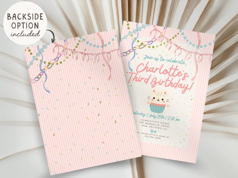 Pastel Cat Birthday Invitation Girl, Pink Whimsical Kitty Party Invite, Coquette Watercolor Cat Invitation, Editable Canva Template image 3