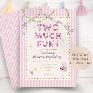 Invito di compleanno "Two Much Fun", invito per il secondo compleanno di una bambina, invito per festa rosa pastello, secondo compleanno, modificabile su Canva, PS110