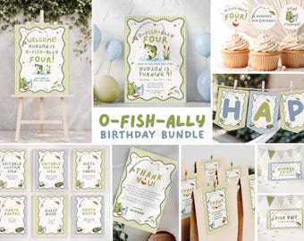 Lot d'anniversaire de pêche O-Fish-Ally, décorations d'anniversaire de pêche, décoration de fête de pêche de tout âge, lot d'anniversaire de garçon, modèle de toile modifiable