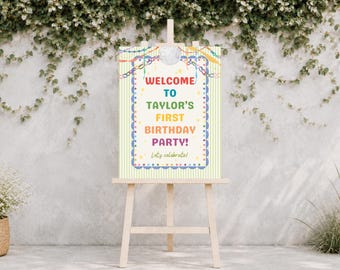 Rainbow Garland Birthday Welcome Sign, Colorful Disco Birthday Party Sign, Fun To Be One Paper Chain Garland, Editable Canva Template, PS140