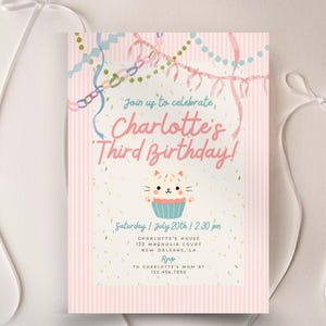 Pastel Cat Birthday Invitation Girl, Pink Whimsical Kitty Party Invite, Coquette Watercolor Cat Invitation, Editable Canva Template image 13