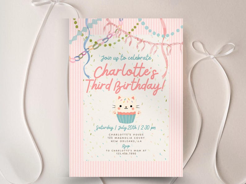 Pastel Cat Birthday Invitation Girl, Pink Whimsical Kitty Party Invite, Coquette Watercolor Cat Invitation, Editable Canva Template image 13