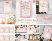 Party Animals Birthday Decor Bundle, Girl Safari Party Decorations Set, Pink Retro Animal Theme, Editable Canva Template,Invite Signs Banner